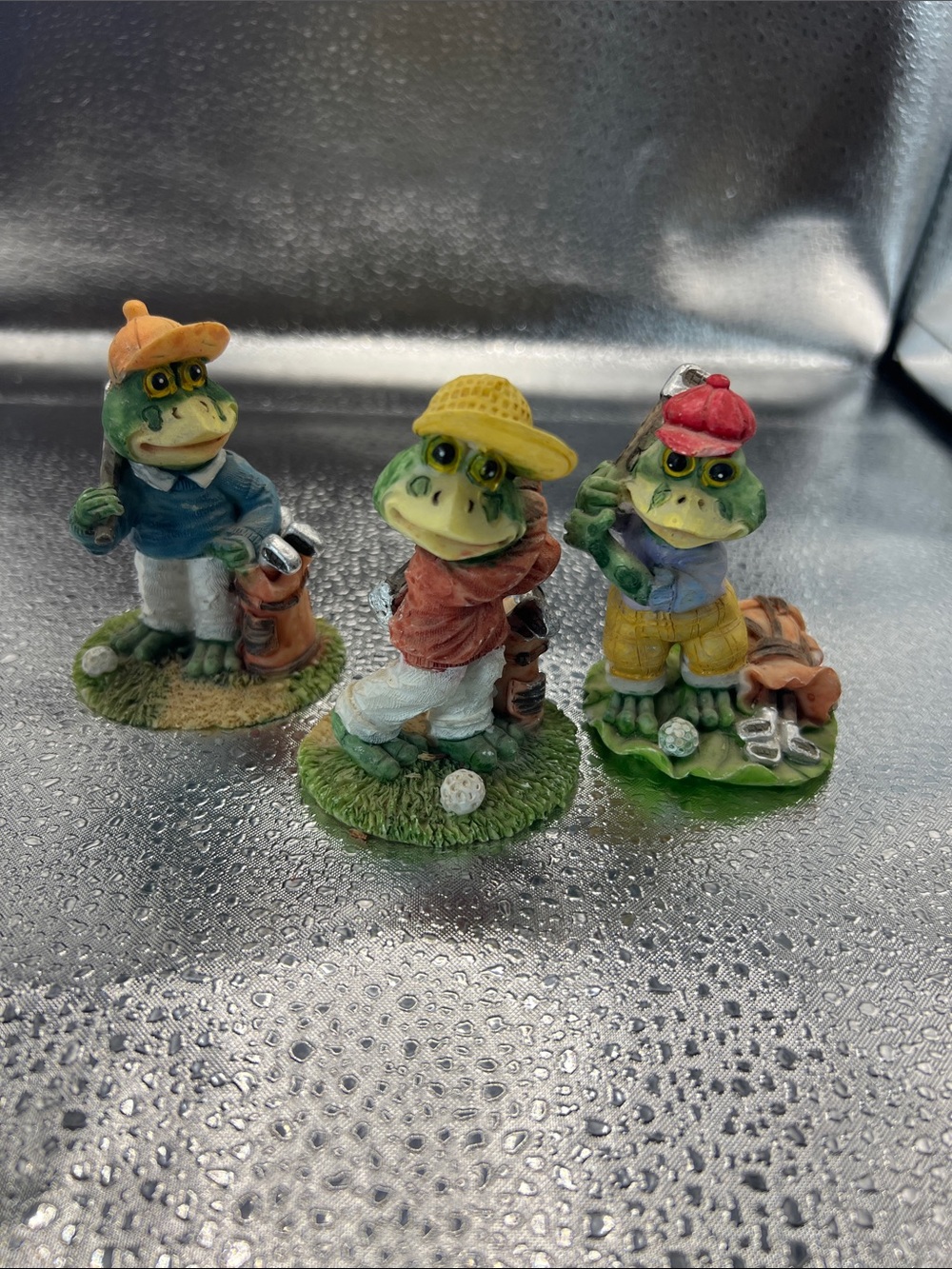 Cute Frog Golfer Figurine Set - Yellow, Red, Orange Accents